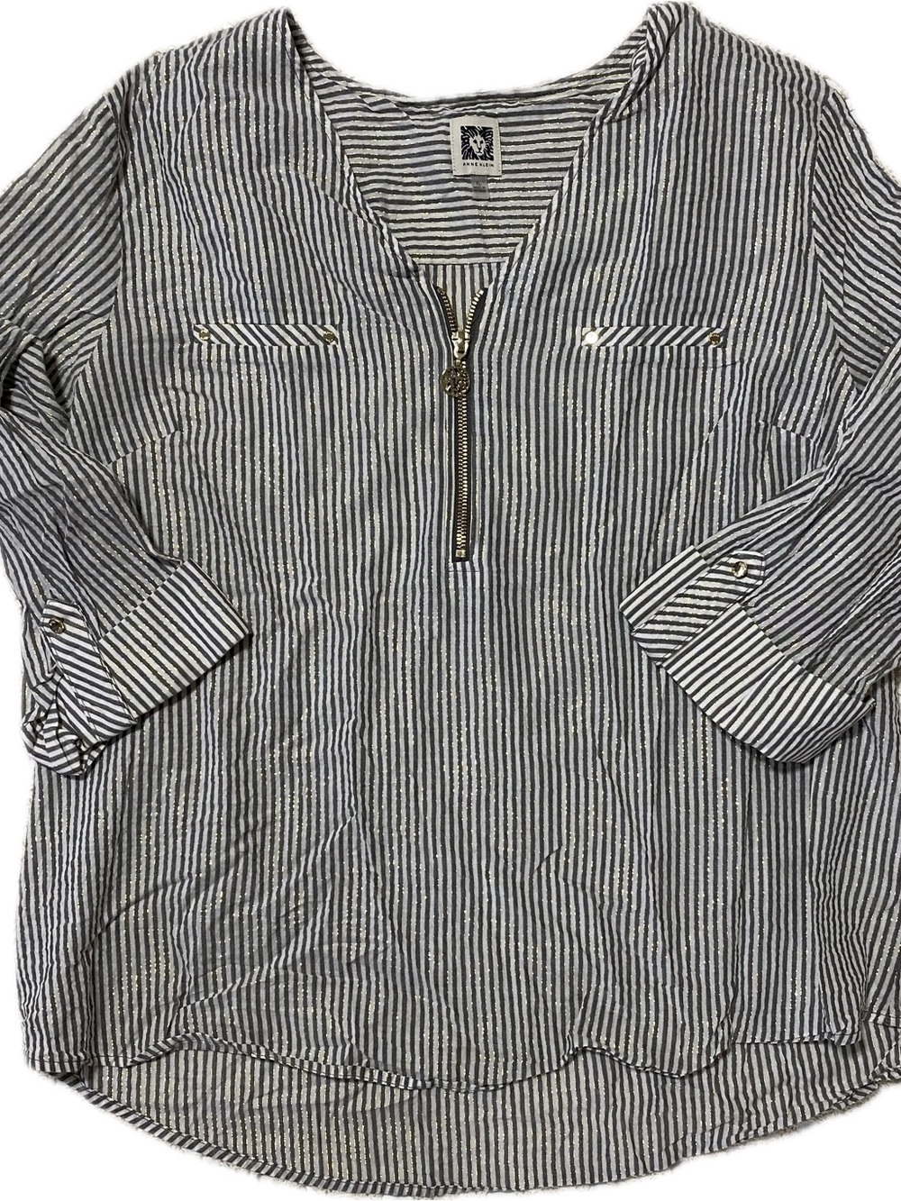 Anne Klein Navy and White Striped Half-Zip Tunic
